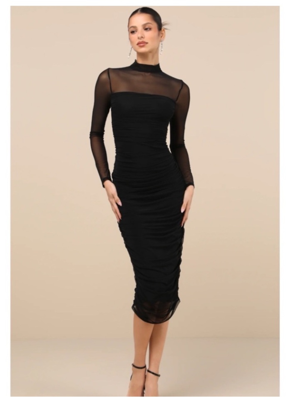 New Lulus Sheer Long Sleeve Ruched Bodycon Dress - Black